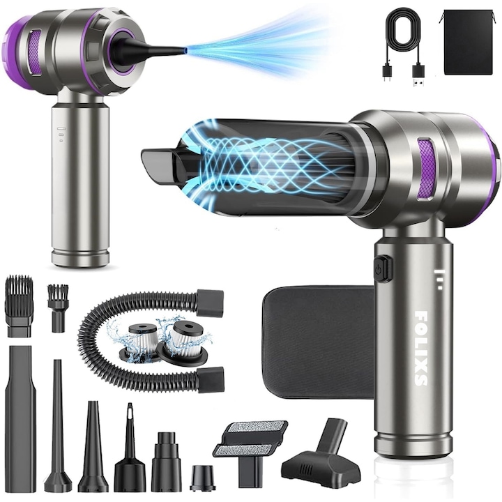 Akkus légfúvó és porszívó, 2 az 1-ben, Folixs®, Szénkefe nélküli motor, 130 W, 130000 percenkénti percenkénti hajtás, 22000 percenkénti hajtás, 3 sebességfokozat, Akkumulátor töltöttségi szintjének jelzője, 15 tartozék, Lila/Fekete