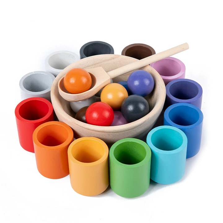 Jucarii educationale Hokretme, set bile si cupe, 12 culori, din lemn