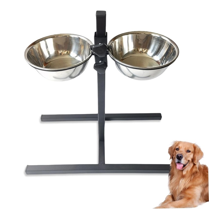 Castron pentru pisica/caine, SINBINTA, Set 3 castroane cu suport, Reglabile in inaltime, Boluri din otel inoxidabil, Antiderapante, Pentru caini sau pisici animale de companie, toate varstele, Metal, 40 x 20 x 45.5cm, Negru/Argintiu