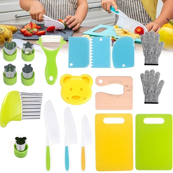 Konyhakések gyerekeknek, SINBINTA, 19 darabos késkészlet gyerekeknek, Vágódeszkával, 3 éves kortól, Recézett él, Csúszásmentes fogantyúk, Ergonomikus, Születésnapi bulikra, szülő-gyermek programokra, PP/Rozsdamentes acél/Fa, Többszínű