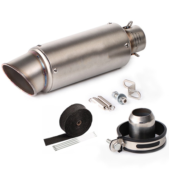 Motorkerékpár kipufogócső, Hggzeg, Rozsdamentes acél kipufogócső, Üvegszálas hővédő szalaggal, Különböző hangeffektusokat biztosít, Lehetővé teszi 51 mm-es csőre való rögzítést, Dirt Bike-hoz, Utcai Motorhoz, ATV-hez, 310 x 104 mm, Ezüst