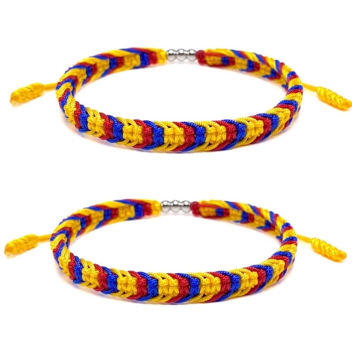 Bratara snur reglabil, SINBINTA, Bratara snur, Cu 3 bilute din Argint 925, Culori steag romanesc, Moale si durabil, Marime ajustabila 17-23 cm, Unisex, Pentru camping, pescuit, cadouri militare, Textile, 17*1cm, Multicolor