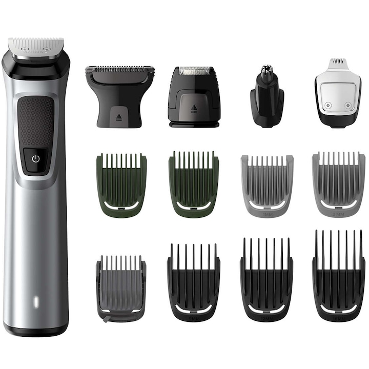 Машинка за подстригване и тример за брада 14 in 1 Philips MG7720/15, Водоустойчива, Акумулаторна батерия, 8 приставки за подстригване, Главата и тялото, Технология DualCut, Сребриста