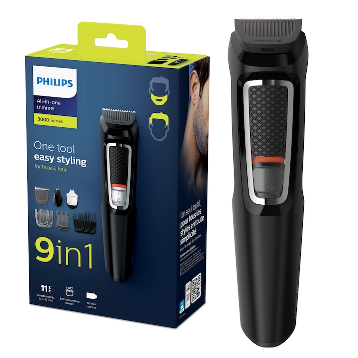 Тример Philips Multigroom MG3740/15, 9 в 1, Работа на батерия до 60 мин., Миещи се приставки, Черен