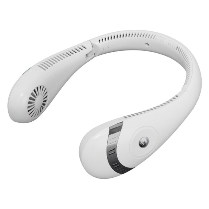 Mini ventilator portabil pentru gat, 3 trepte de viteza, USB, pana la 8 ore de functionare, acumulator 4000 mAh, flexibil, alb