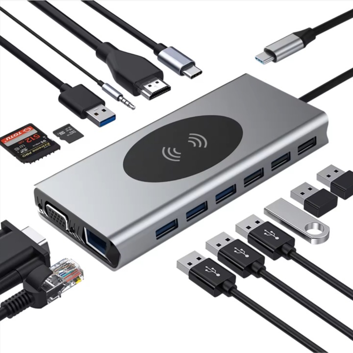 Docking Station USB Type-C 14 in 1, Incarcare Wireless, Iesire 4K 30hz, 2 x HDMI, 2 x Type-C, Power Delivery 3.0, 3 x USB 3.0, 2 x USB 2.0, 5 Gbps, Semnal Video VGA, Card Reader si Micro Cititor de Carduri, Port Internet Gigabit, 1000mbps, Jack AUX