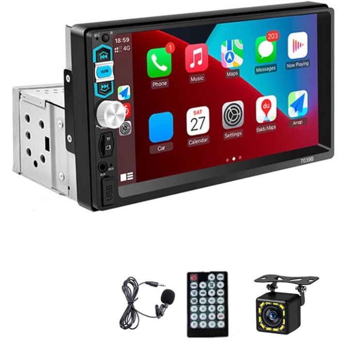 MP5 плейър Мултимедия, Carplay, 7-инчов HD дисплей, SD карта, USB отпред, HandsFree, Bluetooth, субуфер, радио, DSP еквалайзер, включен микрофон