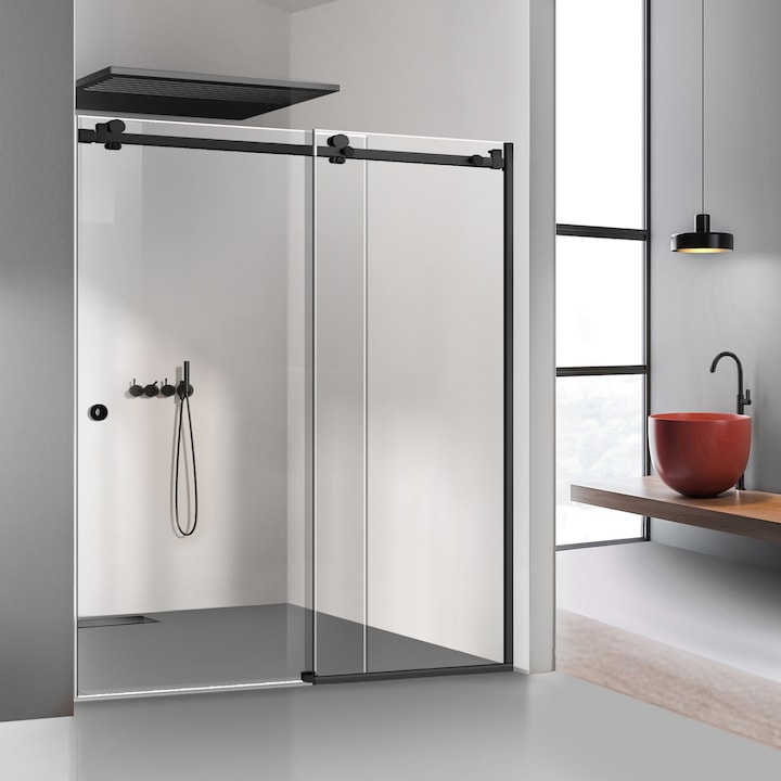 Perete dus cu usa glisanta Glissando Simple Black, feronerie full inox negru mat, sticla clara, securizata, pentru gol intre 140-150 cm, inaltime 205 cm