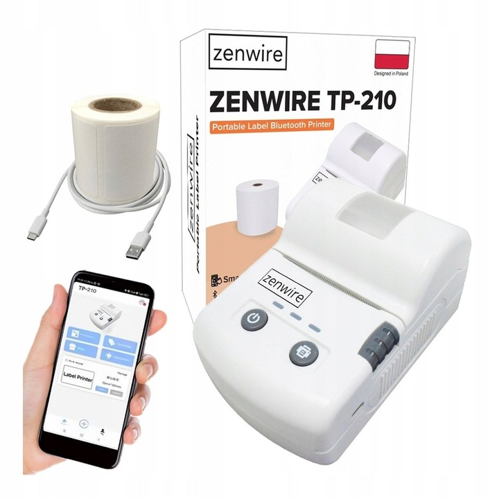 Мини термопринтер, Zenwire, TP-210, етикетиране със стикери, Bluetooth, USB-C, 1500 mAh вградена батерия, съвместим с iOS / Android / Windows / Linux / MAC, APP Control, бял