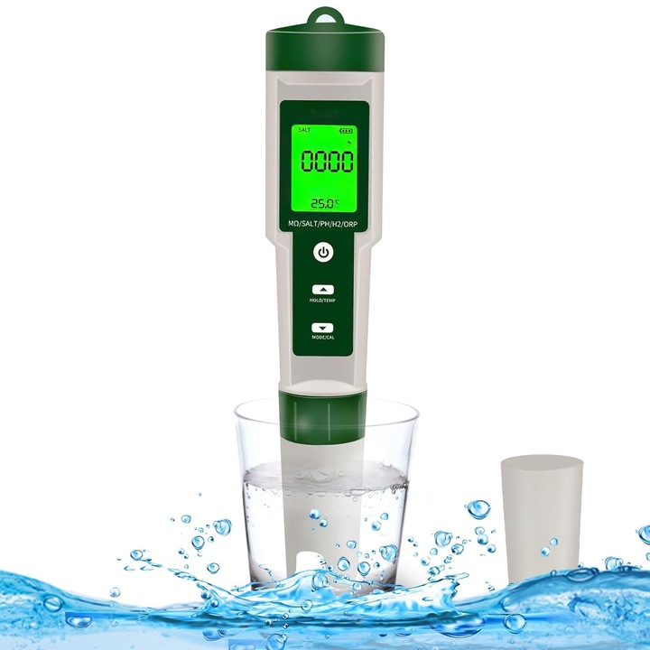 Professzionális vízminőség-mérő, 10 az 1-ben, PH/Sótartalom/TDS/EC/ORP/SG/Hidrogén/ellenállás/hőmérséklet/tápanyagok mérésére, Orber, háttérvilágítású HD képernyő, por- és vízálló, fehér