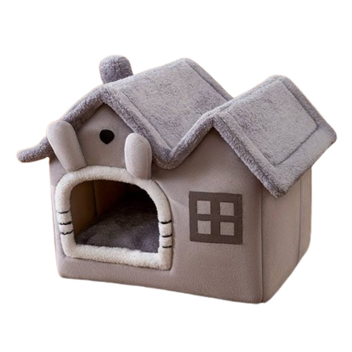 Casuta de plus pentru pisici Happy Meow, 44x36x39 cm, demontabila, gri, dotata cu perna de plus