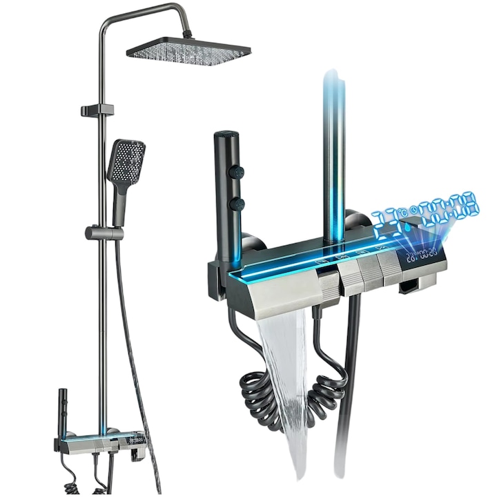 Премиум душ колона за баня, дисплей за температурата на водата, черно стъкло, бутони за пиано, регулируема височина, графитено сив цвят, душ шапка 28 см с ефект на дъжд, 4 функции на потока