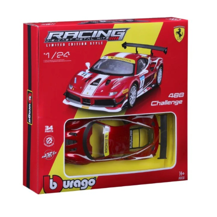 Ferrari 488 Challenge модел, бр. 11, строителен комплект, 34 части, напреднало ниво, червен, Bburago 1/24