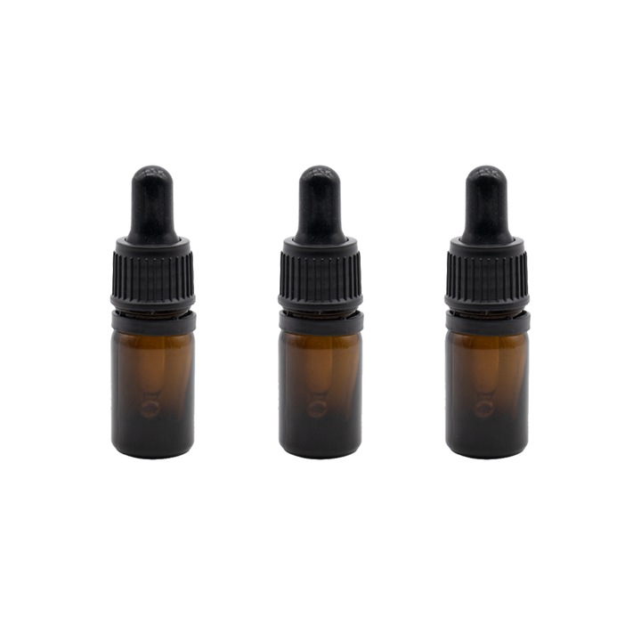 Set 3 bucati recipiente sticla maro 5 ml si pipeta, cauciuc negru, Flory