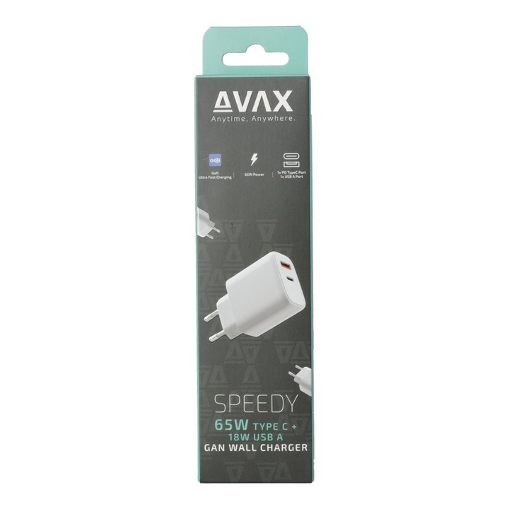 Incarcator AVAX CH360 SPEEDY 65W GaN USB-C (PD3.0)+USB A (QC), alb