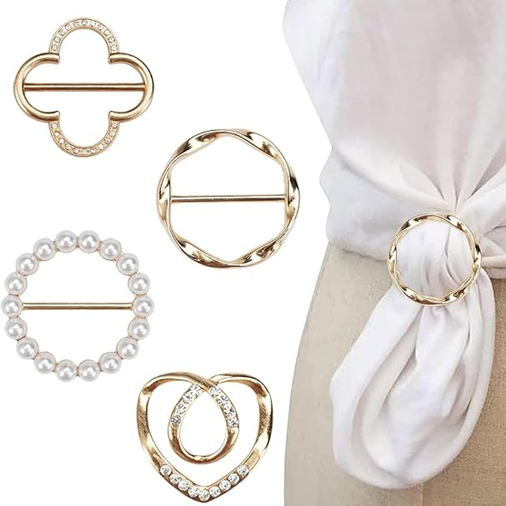 Set de 4 Clips pentru Noduri, TREXORA, Design cu Perle si Diamante, Metal, Auriu