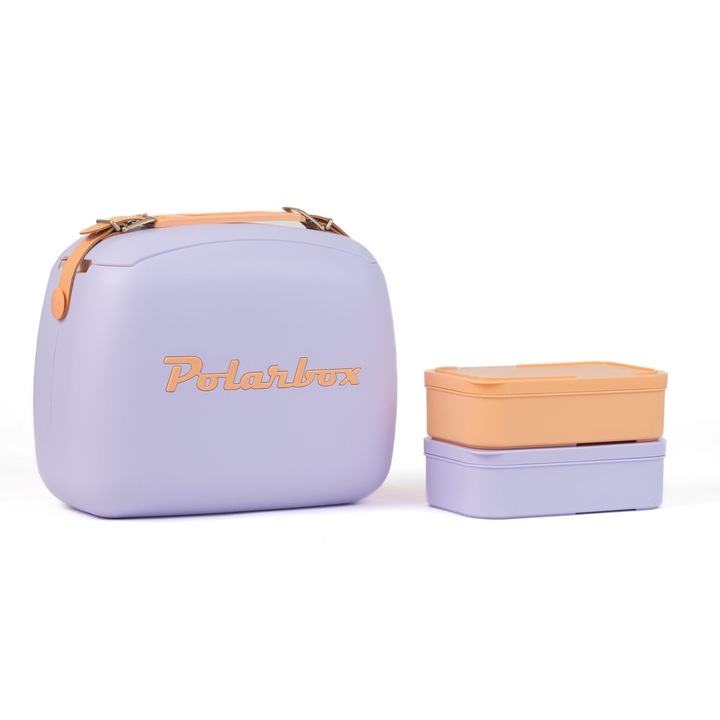 Хладилна кутия Polarbox, Pop, 6 литра капацитет, включва 2 гювечета, ретро дизайн, запазва напитките и храната студени, идеална за пикник/плаж/туризъм, херметично затваряне, кожена каишка, лилаво