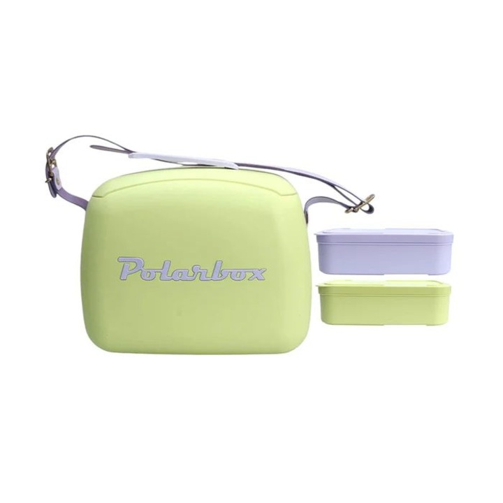 Хладилна кутия Polarbox, Pop, капацитет 6 литра, включва 2 гювечета, ретро дизайн, запазва напитките и храната студени, идеална за пикник/плаж/туризъм, херметично затваряне, кожена каишка, лайм зелено