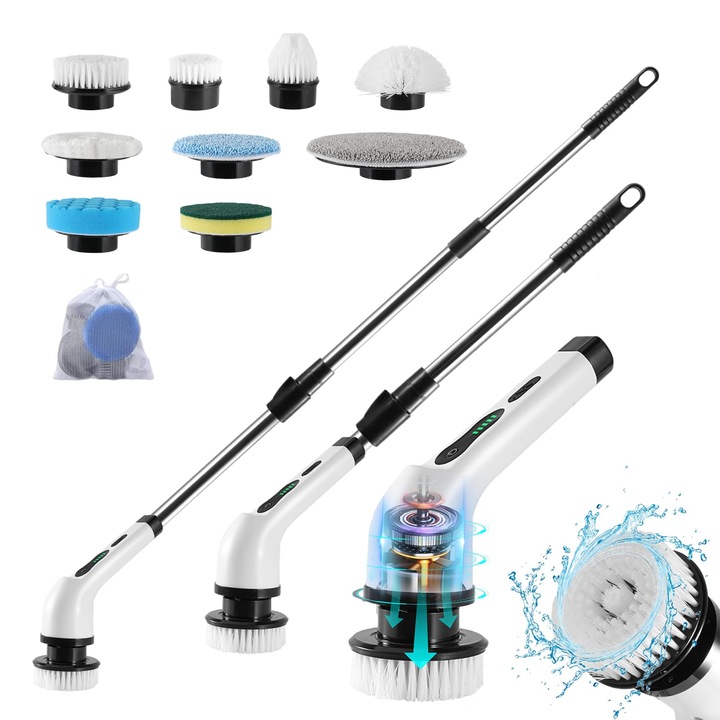 Perie de Curatenie Electrica Reincarcabila, 9 Capete, 2 Trepte de Viteza, Maner Lung 137 cm, USB Type-C, 2500mAh