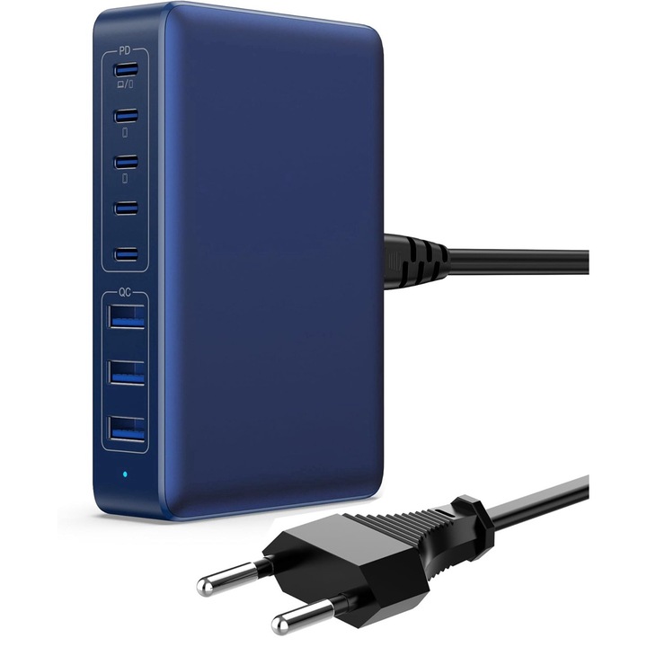 Incarcator retea 300W USB C GaN, statie de incarcare cu 8 porturi, 3 porturi USB-C 100W, 2 porturi USB-C 25W si 3 porturi USB A 15W, incarcare rapida, pentru Laptop, iPhone, iPad, Samsung, AirPods Pro si Nintendo Switch