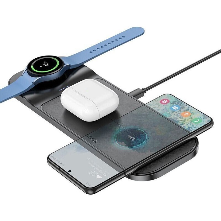 Hoco vezeték nélküli töltőállomás (CQ6), SAM sorozat, 5V, 3A, Qi töltés, mágneses, 3 az 1-ben, fekete