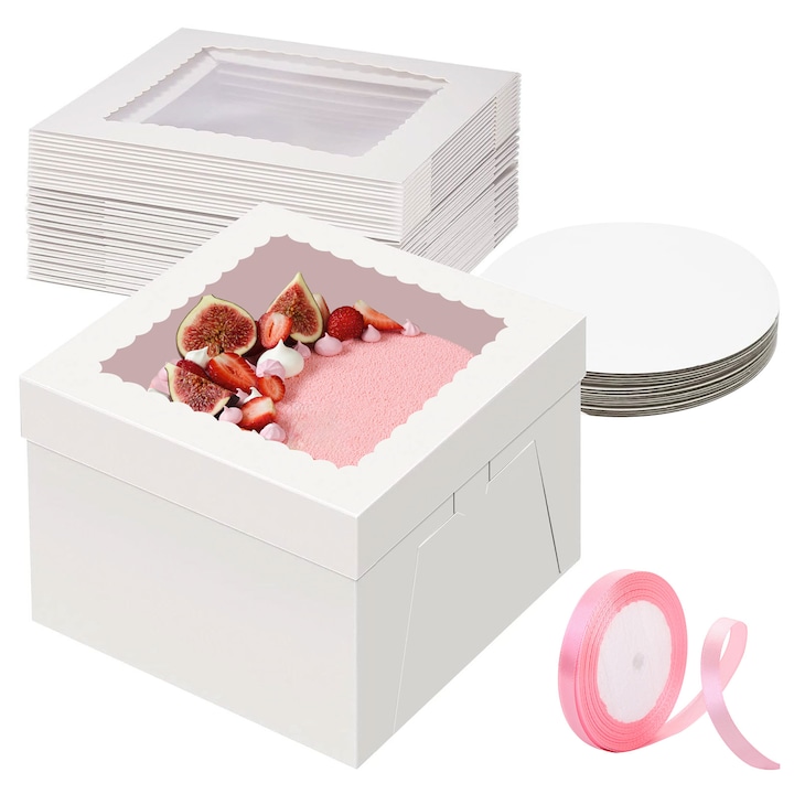 Set 20 Cutie de tort cu capac, baza circulara si fereastra, NIKONIKO, alimente, Rezistente Carton, 20.32 x 20.32 x 20.32 cm, Alb