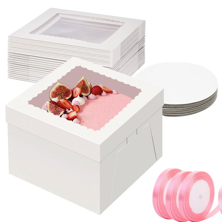 Set 40 Cutie de tort cu capac, baza circulara si fereastra, NIKONIKO, alimente, Rezistente Carton, 25.4 x 25.4 x 20.32 cm, Alb