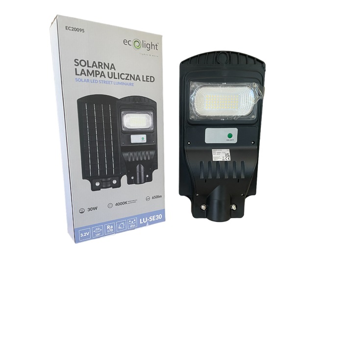 Lampa stradala solara 30W, Ecolight, 650lm, neagra, 193x390x47mm, cu senzor de miscare
