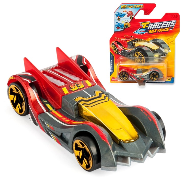 T-RACERS Mix´N Race – Masina de colectie surpriza. Fiecare masina poate fi impartita in doua cu piese si roti interschimbabile
