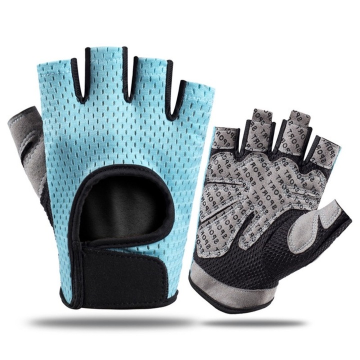 Set de 2 manusi sportive antiderapante, cu jumatate de deget, protectie pentru palma, respirabile, velcro reglabil, L, albastru