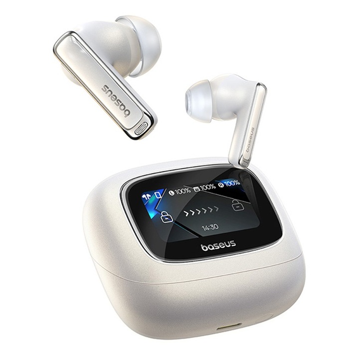 Casti wireless Baseus Bowie M2s Ultra, TWS True Wireless, Bluetooth 5.4, ANC, Hi-Res, LHDC, Immersive Spatial Acoustics, 600mAh, 4-Mic, Alb