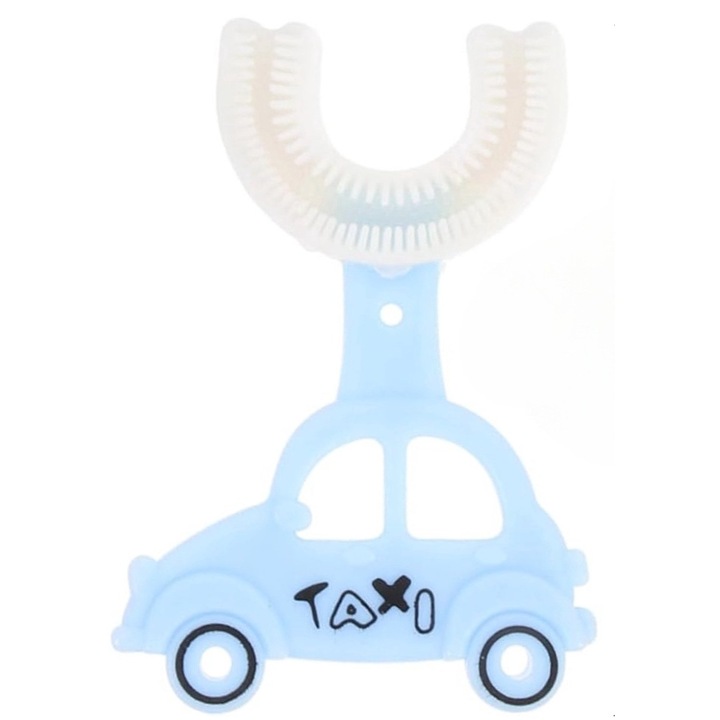 Periuta de dinti pentru copii, Blue Taxi, forma circulara, din silicon, In forma de U, albastra, Curatarea dintilor pentru sugari si copii mici intre 2-12 ani, Artefact pentru periajul dintilor