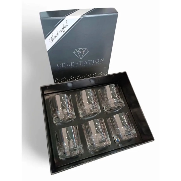 Премиум комплект чаши за уиски - Декорирани с висококачествени кристали, 6x300 мл