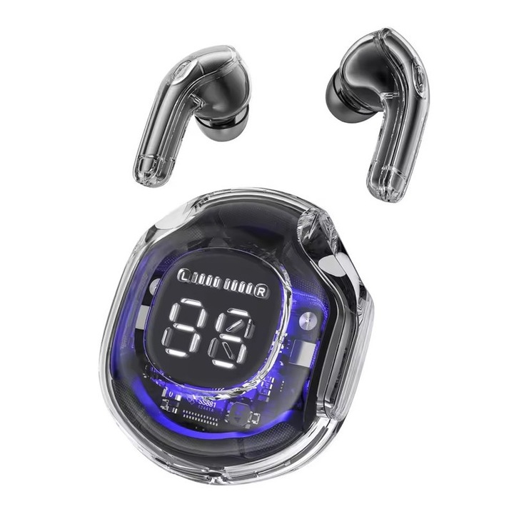 TWS vezeték nélküli fülhallgató, átlátszó, LED digitális kijelzővel, 2 darabos szett, Bluetooth 5.3, 20 órás akkumulátor-üzemidő, 10 m hatótávolság