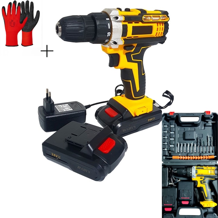 Masina de Gaurit Electrica si Insurubat cu Percutie, Fara fir Autofiletanta, 24 Accesorii, 2 acumulatori, 24V 5.0 Ah, Viteza Reglabila 1300 rpm, 25 Trepte De Ajustare, Mandrina 13 mm, Auto Statie Incarcare, Geanta transport, Galben/Negru, BUGHY'S