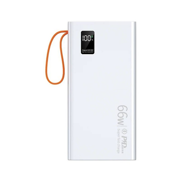 Power Bank 66W, 20 000 mAh, външна батерия, бързо зареждане 4,5 A, 4 USB изхода, цифров дисплей, микро/мини USB, преносим, тънък, резервно захранване, идеален за телефон, таблет, лаптоп, смарт устройства, размери 14,10 x 6,6 x 2, бял, BUGHY'S