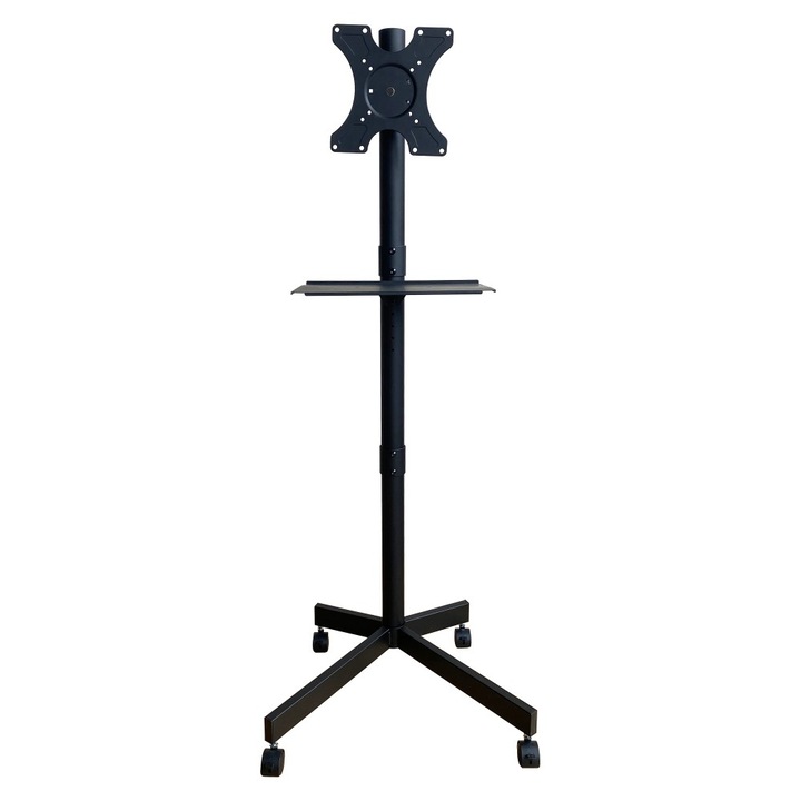 Мобилна стойка за телевизор на колела, рафт за мултимедийни устройства, 32 - 60 инча, компактна, регулируема, черна, Techly, ICA-TR201