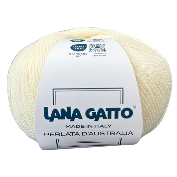 Kötőfonal Lana Gatto Perlata d'Australia, 100% merinó gyapjú, szuper finom, 50 g, natúr fehér