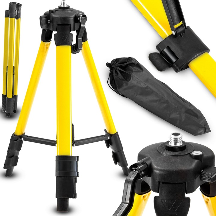 Stativ Laser Retoo HandyTools Tripod Profesional Pentru Nivela Laser, Filet 5/8'', Galben-negru, Inaltime Reglabila 43-120 Cm (Interval De Lucru 43-88 Cm), Tija Extensibila 31 Cm, Blocare Cu Clic, Aluminiu+plastic, 0,8 Kg, Cu Husa De Transport Inclusa
