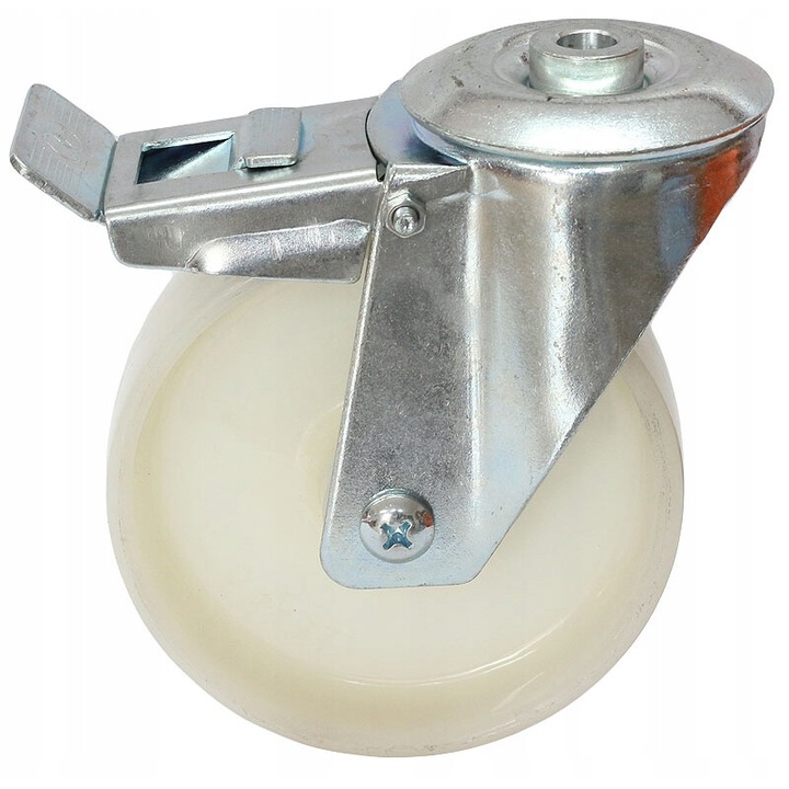 Roata pivotanta Kastor 100mm, poliamida, cu deschidere fi12mm, cu frana