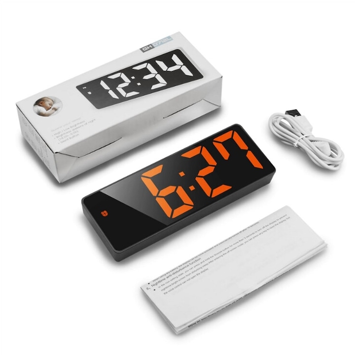 Ceas Digital Led Ceas digital LED, afisaj alb, cu cablu USB, negru/portocaliu (GH0712L ...