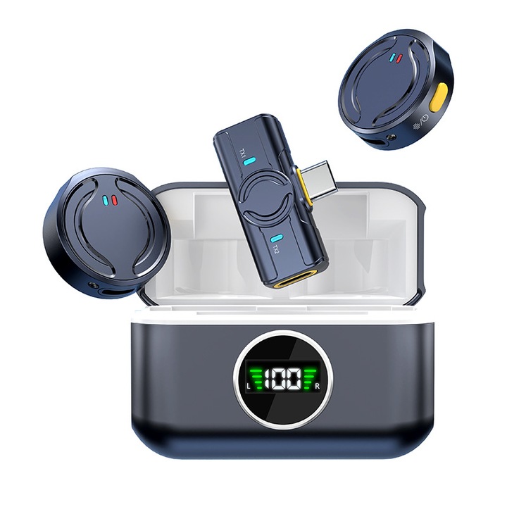 81-es vezeték nélküli csíptetős mikrofon (kettős hordozhatósággal), Élő közvetítés zajszűrése, kötelező darab! Hosszú akkumulátor-üzemidő töltőtokkal + mini és láthatatlan kialakítás