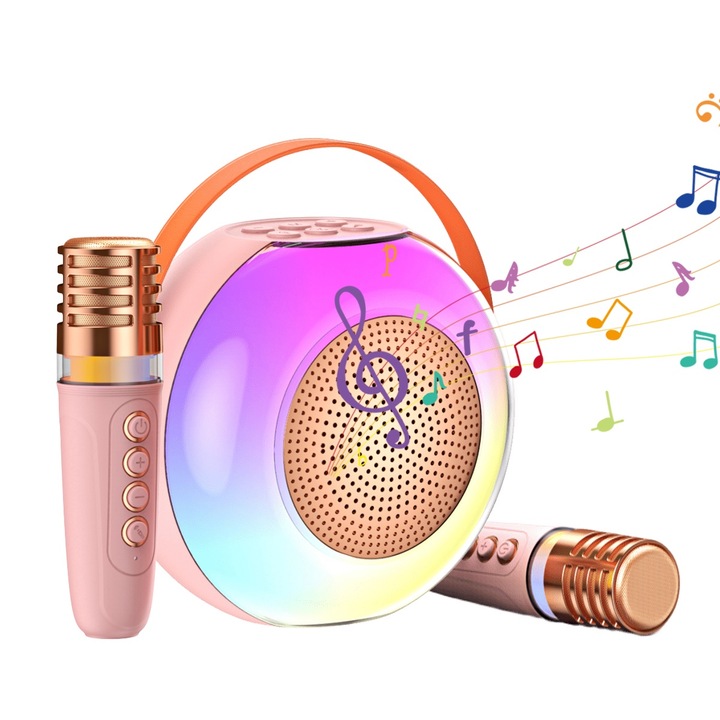 Set Microfon sI Boxa Karaoke, 2 Microfoane FaRa Fir, Bluetooth 5.3, 5 Efecte Vocale, Lumina Led, Potrivit Pentru Copii, AdultI, Petreceri, CaNtece sI Divertisment