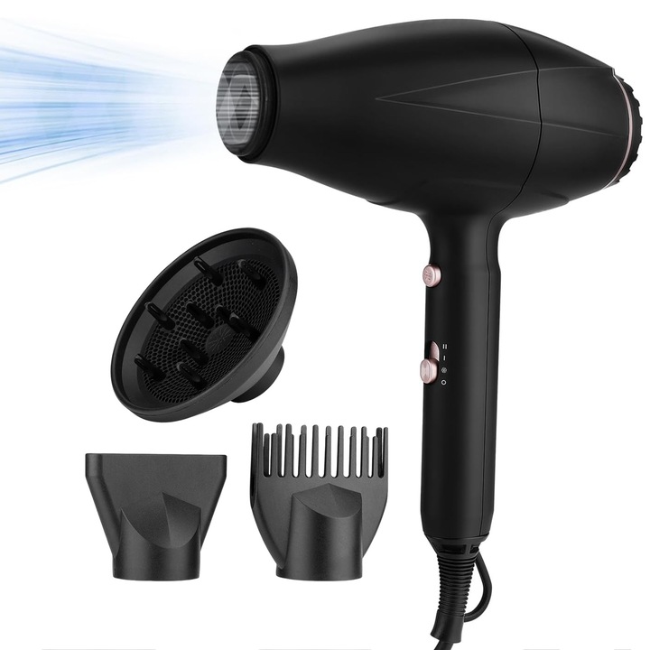 Professzionális hajszárító, Byondself®, 2500 W, meleg és hideg levegő kapcsoló, 2 sebességfokozat, 2 légkoncentrátorral és 1 fésűvel, fekete