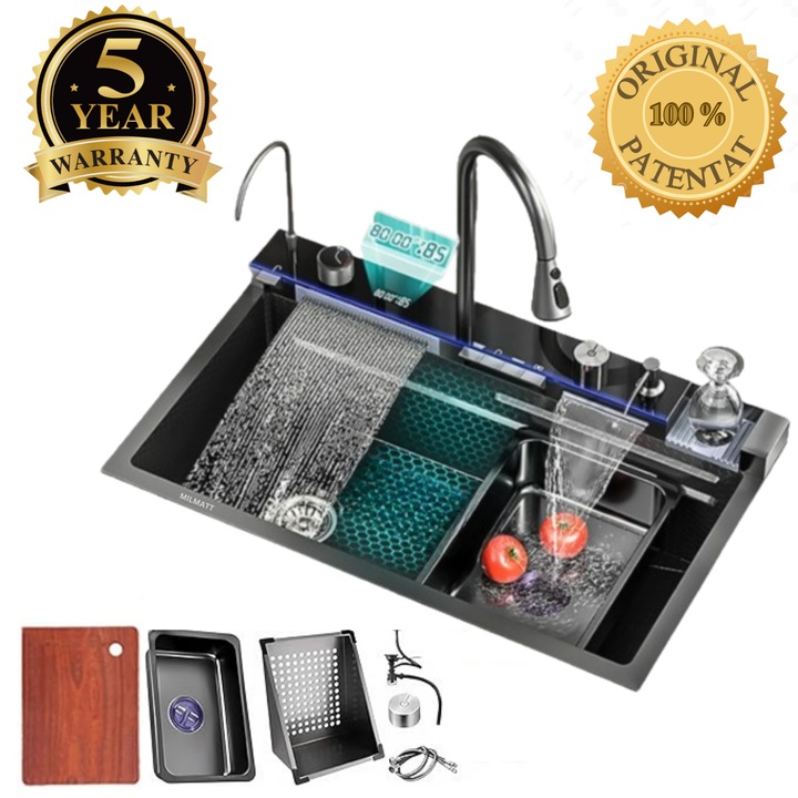 Set chiuveta bucatarie, Milmatt, Originala, multifunctionala, cu afisaj led, baterie cu dus extractibil, 2 cascade, dispozitiv spalare pahare, tocator lemn, dozator sapun, robinet apa purificata, otel inoxidabil 3 mm, culoare negru, 750x450 mm