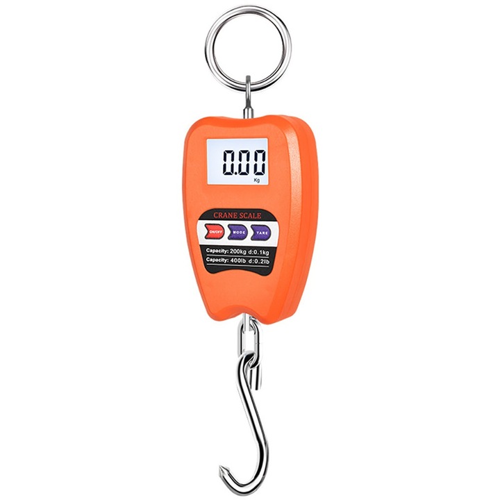 Cantar electronic de Mana, BOMSTOM, cu carlig, Portabil, Afisaj digital, Maxim 200 kg, Display Iluminat, Pentru bucatarie, pescuit, alimente, transport maritim, Portocaliu