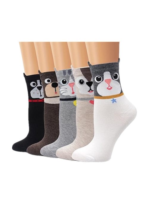 Set 5 perechi de sosete dama, stil sosete echipaj, model dragut cu catelus desen animat, marime-One Size INTL