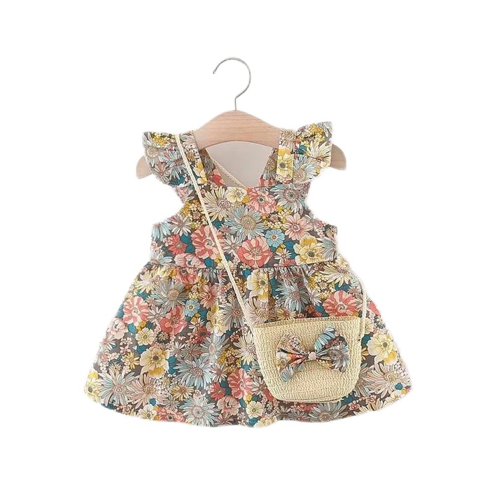 Set Rochie fara maneci cu imprimeu floral si palarie asortata pentru fetite, Bumbac, Multicolor, Multicolor