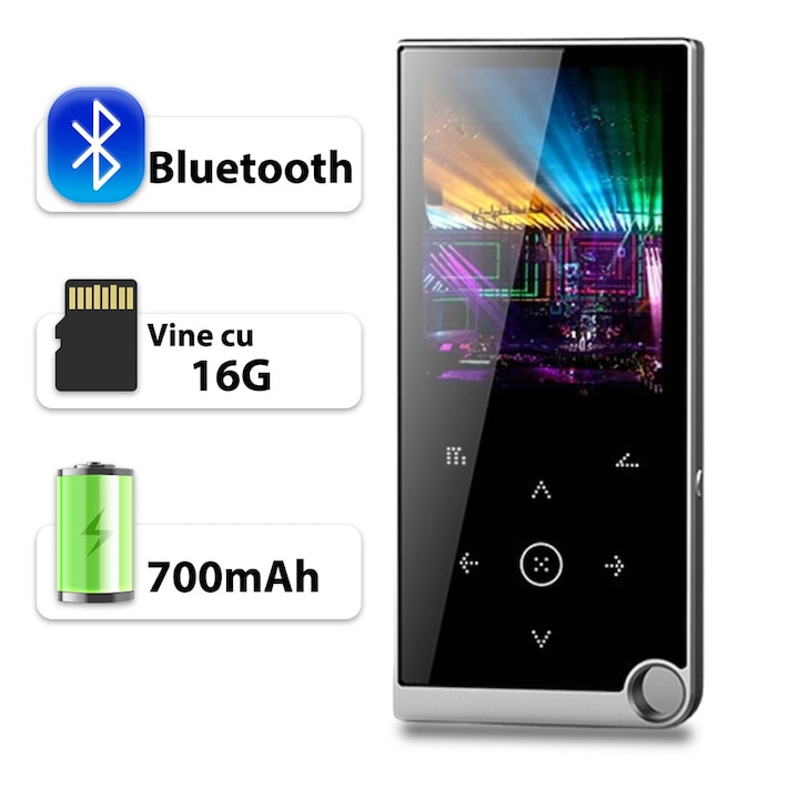 Mp3 Mp4 lejátszó, 2,4 hüvelykes képernyő, 16 GB belső memória, SD kártya támogatása 128 GB-ig, Bluetooth, FM rádió, e-könyv olvasás, hangrögzítő, érintőgombok, ezüst