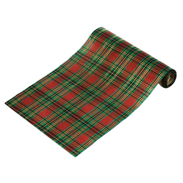 Tesatura Decorativa de Craciun Rosie Verde Aurie cu Carouri 5mx24cm